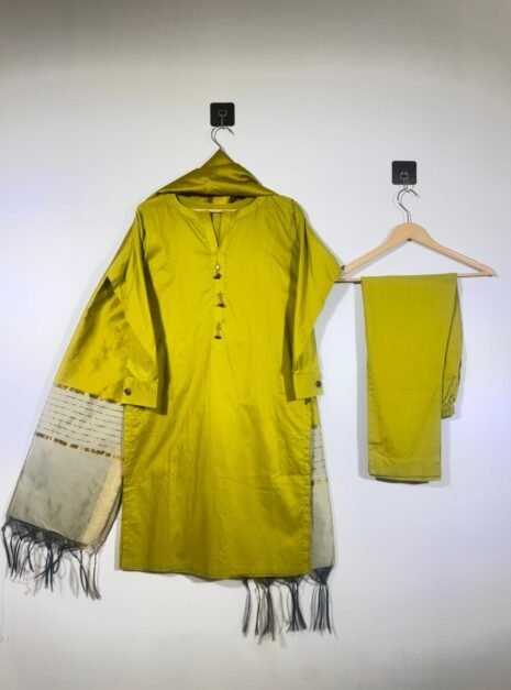 Yellow 3-Piece Unstitched Lawn Suit with Printed Dupatta and Plain Trouser